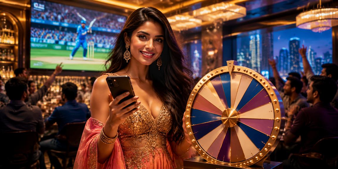 VIP player betting on cricket match in Bollywood-themed casino environment